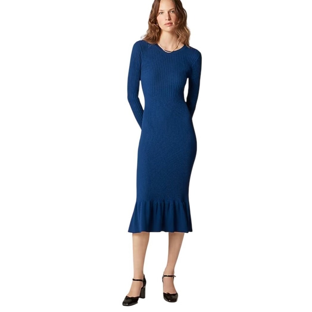 J.Crew Royal Blue Ribbed Knit Flounce Midi Dress Long Sleeve 3X Mermaid NEW $148